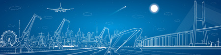 Big bridge, industrial cargo port panorama, lines landscapeのイラスト素材