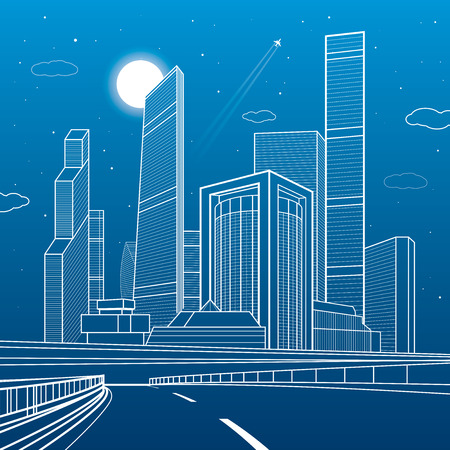 Highway. Business center, architecture and urban illustration, neon city, white lines composition, skyscrapers and towers, vector design artのイラスト素材
