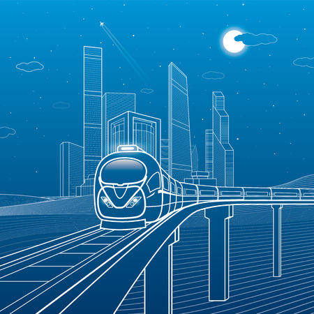 Train move on the bridge. Business center, architecture, transport and urban illustration, neon city, white lines composition, skyscrapers and towers, vector design artのイラスト素材