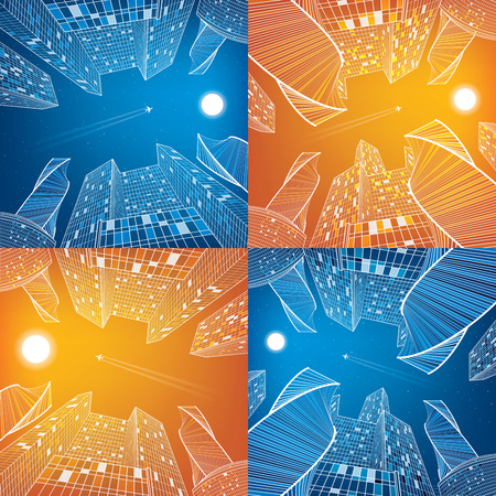 Business building, day and night city, urban scene image set, infrastructure illustration, modern architecture, skyscrapers, airplane flying, vector design artのイラスト素材