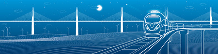 Amazing transportation and technology panoramic. Train goes over the railway on the background of cable-stayed bridge and wind turbines, vector design artのイラスト素材