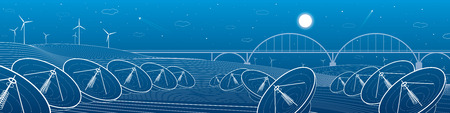 Many radars in mountains landscape. Big bridge on horizon, windmills, wind force, energy and communication technology illustration, vector design artのイラスト素材