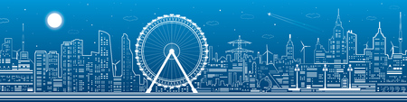 Panorama of the city. Ferris wheel, office buildings, town nightlife, neon lines, vector design artのイラスト素材