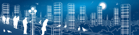 City life amazing panorama. Urban skyline, people watching from the bridge to the night megalopolis, infrastructure illustration, vector design artのイラスト素材