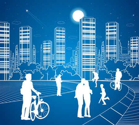 City scene, people walk on the street, city's skyline on background, street life, night town, vector design artのイラスト素材