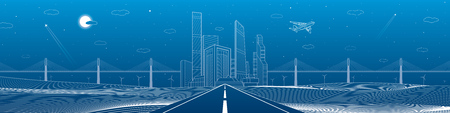 Infrastructure panorama. Highway. Big bridge, business center, architecture and urban illustration, neon city, white lines composition on blue background, skyscrapers and towers, vector design artのイラスト素材