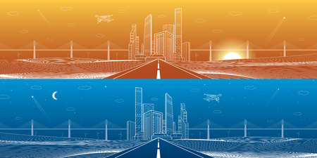 Infrastructure panorama. Highway. Big bridge, business center, architecture and urban illustration, neon city, white lines on blue and orange background, skyscrapers and towers, vector design artのイラスト素材
