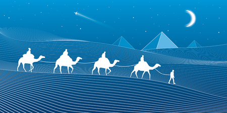 Caravan passes through the sand desert, dunes, pyramids on the horizon, white lines on blue background, day and night scene, vector design artのイラスト素材