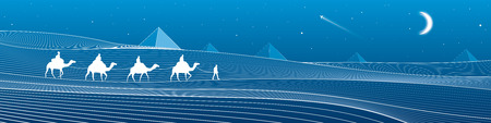 Caravan passes through the sand desert, dunes, pyramids on the horizon, white lines on blue background, night panorama, vector design artのイラスト素材