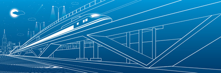 Train move on the bridge, night city, industrial and transportation illustration, white lines...