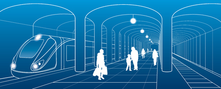 Subway station, people with things got off the train, city scene, transport illustration, white lines on blue background, vector design artのイラスト素材