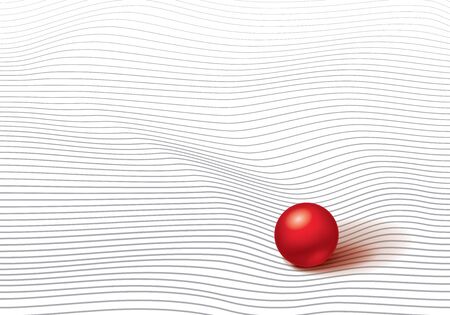 Volumetric red ball on striped and wrinkled surface, wave lines, minimalistic vector abstractionのイラスト素材