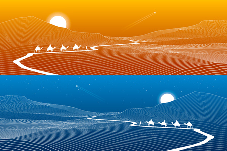 Road in the mountains, winding highway, rock landscape, white lines on blue and orange background, caravan passes, day and night panorama, vector design artのイラスト素材