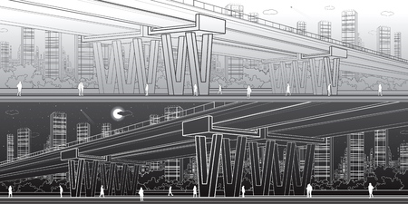 Flyover, architectural and infrastructure panorama, transport overpass, highway, urban scene, people walking, night city on background, light and dark version, vector design artのイラスト素材