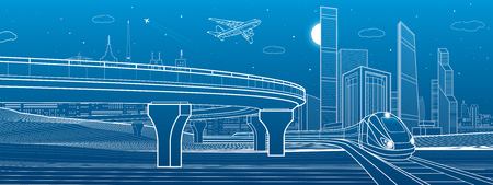 Automobile highway, infrastructure and transportation panorama, airplane fly, train move, night city, towers and skyscrapers, urban scene, vector design artのイラスト素材