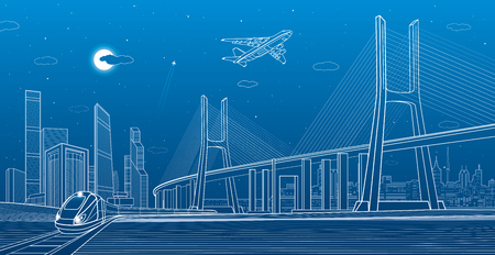 Large cable-stayed bridge, night modern city on background, airplane fly, vector design artのイラスト素材