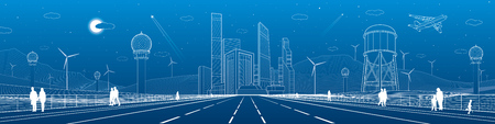 Infrastructure panorama. Large highway, business center, architecture and urban, neon city, wind turbines, water tower, white lines, dynamic composition, vector design artのイラスト素材