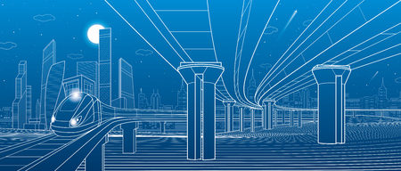 Road overpass. Transportation bridge. Train rides. Towers ans skyscrapers. Urban infrastructure, modern city on background, industrial architecture. White lines illustration, vector design artのイラスト素材