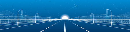 Night empty highway. Big road. Mounrains on background. White lines panorama, night scene, vector design artのイラスト素材