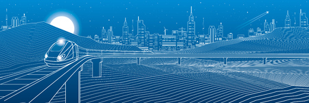 Railroad in the mountains, train moves. Rock landscape, night city on background, white lines on blue background, transportation illustration, vector design art.のイラスト素材