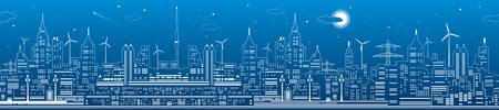 Night city panorama, town infrastructure illustration, ferris wheel, modern skyline, white lines on blue background, vector design artのイラスト素材