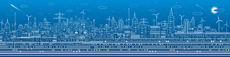 Night city panorama, town infrastructure illustration, ferris wheel, modern skyline, white lines on blue background, vector design artのイラスト素材