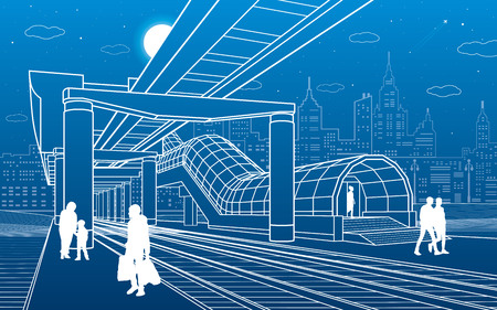 Infrastructure and transport illustration. Monorail railway. People walking under flyover. Crosswalk. Modern night city. Airplane fly. Towers and skyscrapers. White lines. Vector design artのイラスト素材
