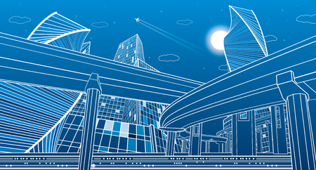 Transportation overpass bridge, urban infrastructure. Modern city on background, skyscrapers and towers. Vector design artのイラスト素材