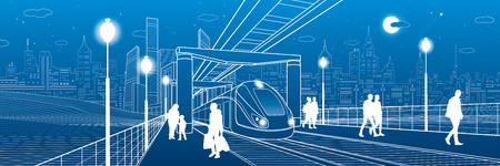 Infrastructure and transport panorama. Monorail railway. People walking under flyover. Train move. Illuminated platform. Modern night city. Towers and skyscrapers.  Vector design art.のイラスト素材