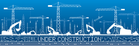Under construction illustration. Development panorama, industrial landscape, building cranes, excavators, vector lines design artのイラスト素材