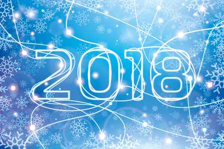 Merry Christmas and Happy New Year! 2018. Glowing neon lines on a blue background, holiday card for your business project, more snowflakes, vector design artのイラスト素材