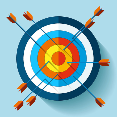 Target icon in flat style on color background. Many arrows are not in the center of aim. Vector design element for you business projectsのイラスト素材