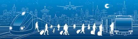 Transport panorama. Passengers get on the bus leaving the train. Travel transportation infrastructure. The plane is on the runway. Night city on background, vector design artのイラスト素材