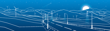 Illuminated Highway in the mountains. Night scene. White lines on blue background. Windmills power. Vector design artのイラスト素材