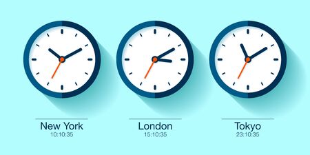 World time. Simple Clock icons in flat style. New York, London, Tokyo. Watch on blue background. Business illustration for you presentation. Vector design objects.のイラスト素材