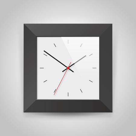 Simple realistic clock in a black frame on a light gray background. Watch on the wall vector design object.のイラスト素材