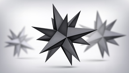 Volume polyhedron black stars, 3d blurred objects, geometry shapes, mesh version, dark origami crystals, abstract vector elementのイラスト素材