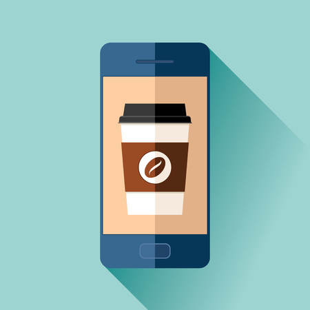 Ordering coffee via mobile phone. Cup in a flat style on color background. Drink with you. Simple object. Vector design element for your business projectのイラスト素材