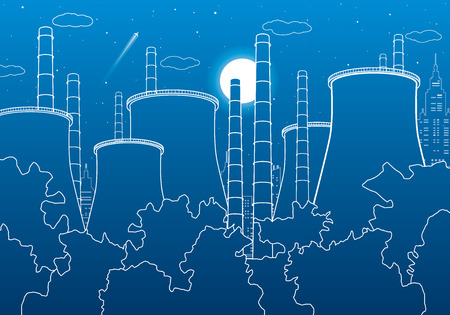 Industry illustration. Factory thermal power plant. Urban scene. Pipes and smoke. White lines on blue background. Vector design artのイラスト素材