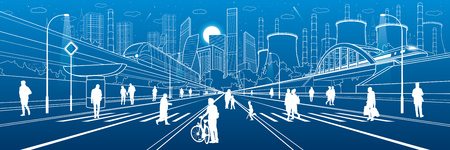 Urban City Infrastructure Illustration. People walking at street. Modern town. Train move on bridge. Illuminated highway. Factory thermal power plant. Monorail road. Vector design artのイラスト素材