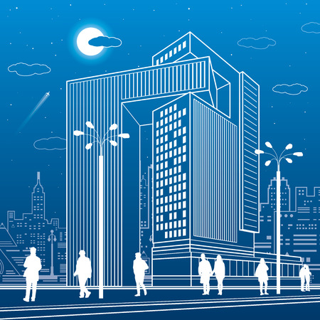 Business Center, urban architecture. People walking at city street. Vector design artのイラスト素材