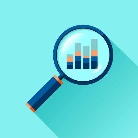 Magnifying glass icon in flat style. Search loupe on color background. Business analytic illustration. Vector design object for you projectのイラスト素材