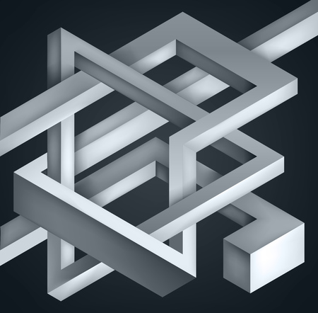 3D Twisted Composition of abstract forms. Shapes puzzle. Vector unreal construction on dark backgroundのイラスト素材