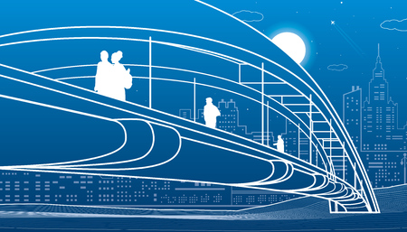 People walking at pedestrian bridge. City skyline. Modern night town. Infrastructure illustration, urban scene. White lines on blue background. Vector design artのイラスト素材