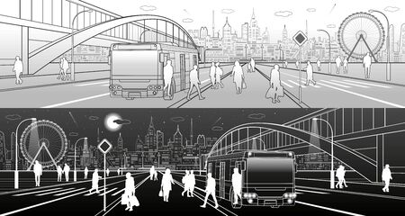 City scene, people walking down the street, city bridge, background, archway bridge on background. Dark and light sketch. Outline vector illustrationのイラスト素材