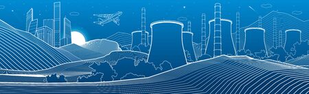 Outline industry illustration panoramic. Night city scene. Power Plant in mountains. White lines on blue background. Vector design artのイラスト素材