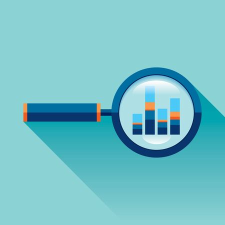 Magnifying glass icon in flat style. Search loupe on color background. Business analytic charts illustration. Vector design object for you projectのイラスト素材