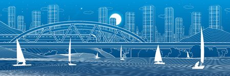 Railway bridge over the river. Train rides. Sailing boats on the water. Outline urban illustration. Evening city scene. Town cityscape. White lines on blue background. Vector design artのイラスト素材