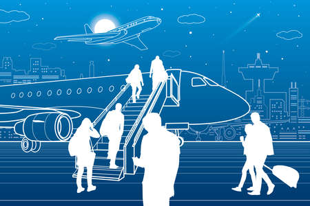 Passengers board the plane. Contour transport illustration. City airport infrastructure. Vector design artのイラスト素材