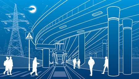 City scene, people walk down the street, tram rides, night city, automobile bridge at background. Electric transport. Outline vector infrastructure illustrationのイラスト素材